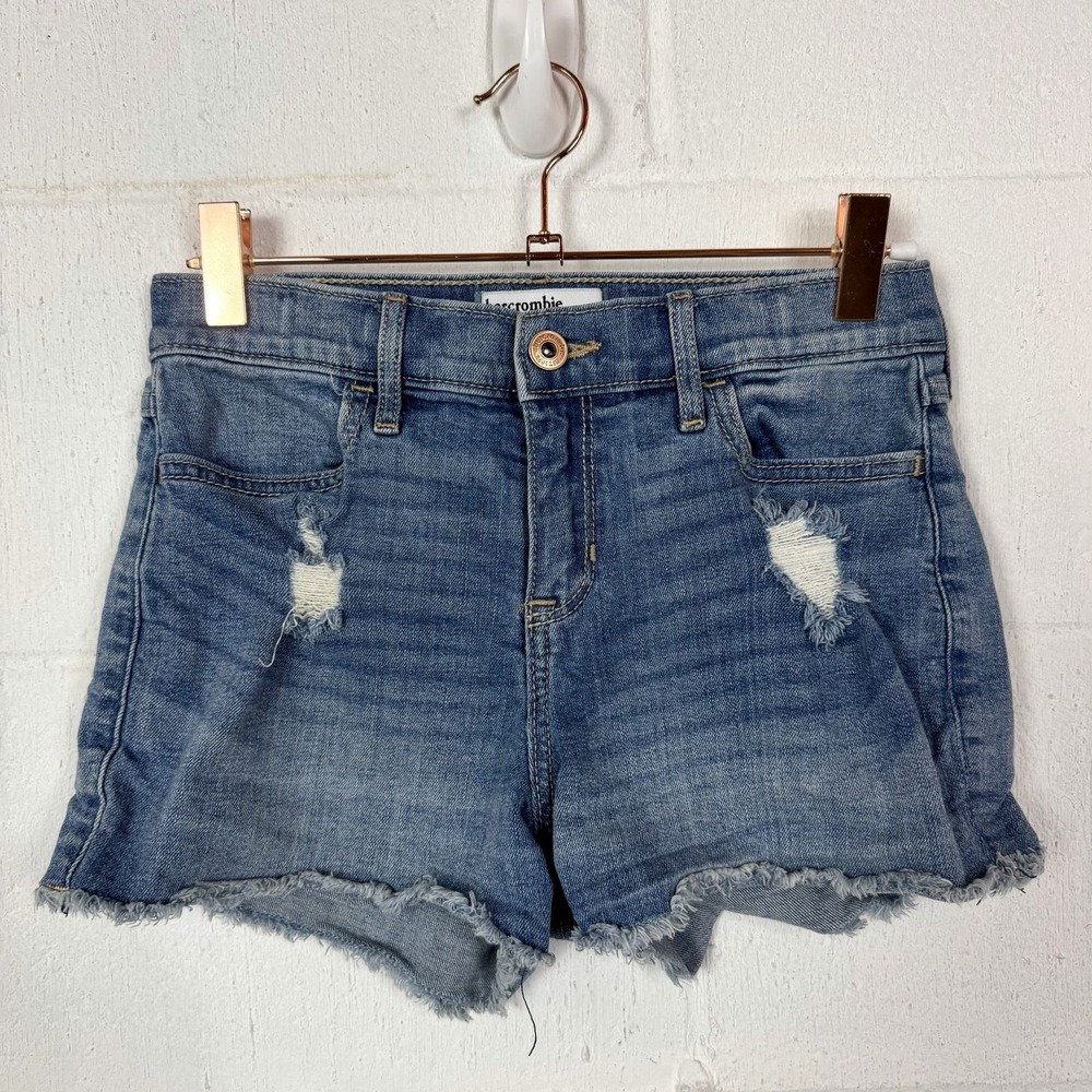 Abercrombie Kids High Rise Shortie Short Medium Wash Distressed Raw Edge‎ 13/14